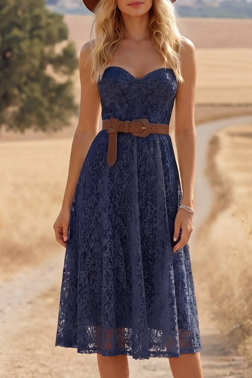 Navy Lace Boho Dress A-Line Sweetheart Sleeveless Midi Dress