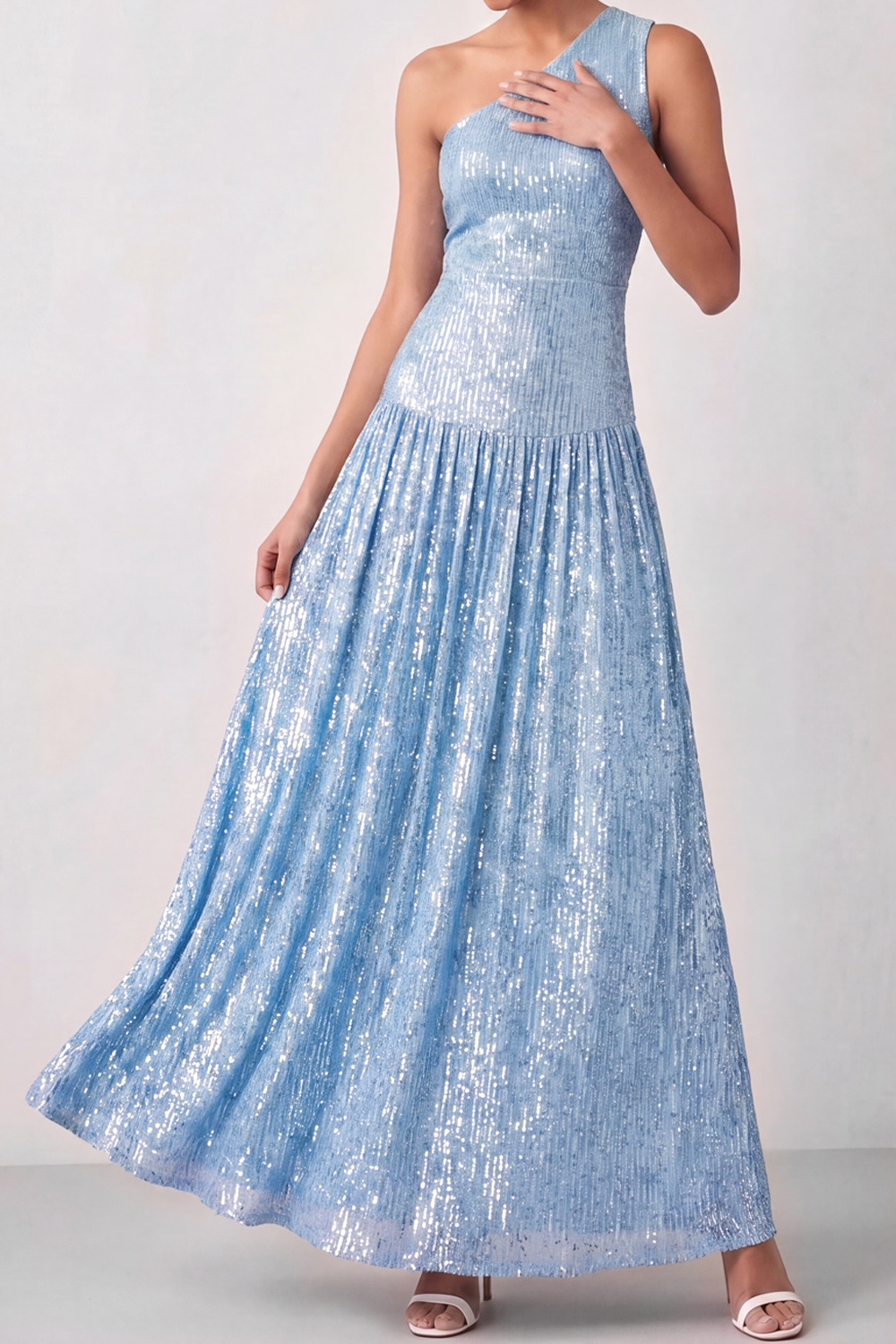 Light Blue Formal Party Dress One Shoulder Pleated Sequin Maxi Dress