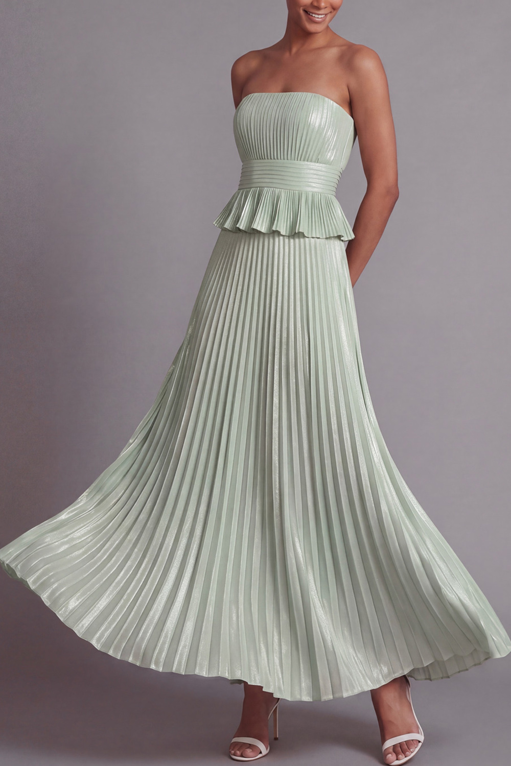 Dusty Sage Formal Evening Outfit Sets Strapless Pleated Skirts Set
