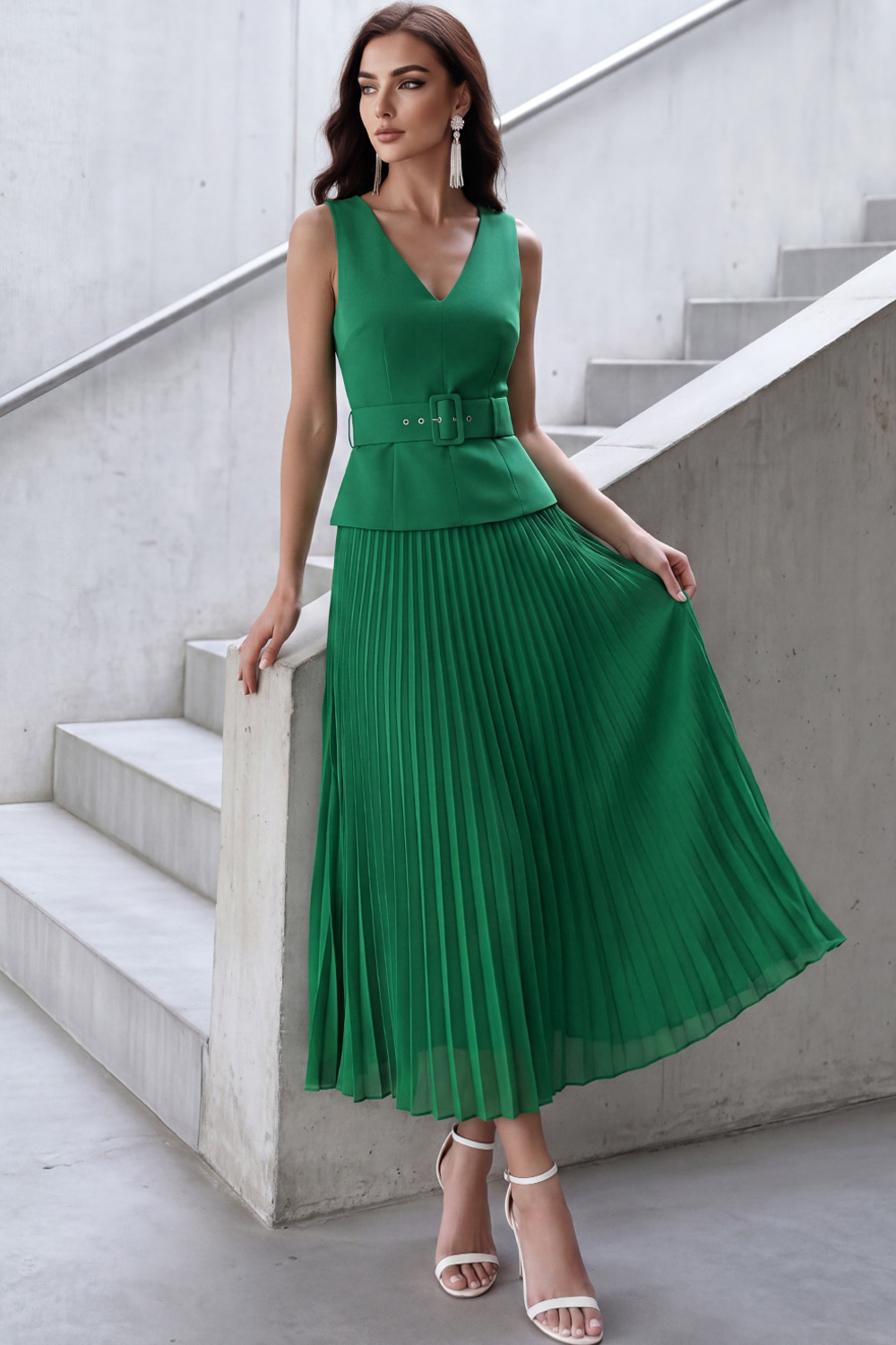 Emerald Green Formal Evening Outfit Sets V-Neck Pleated Skirts Set