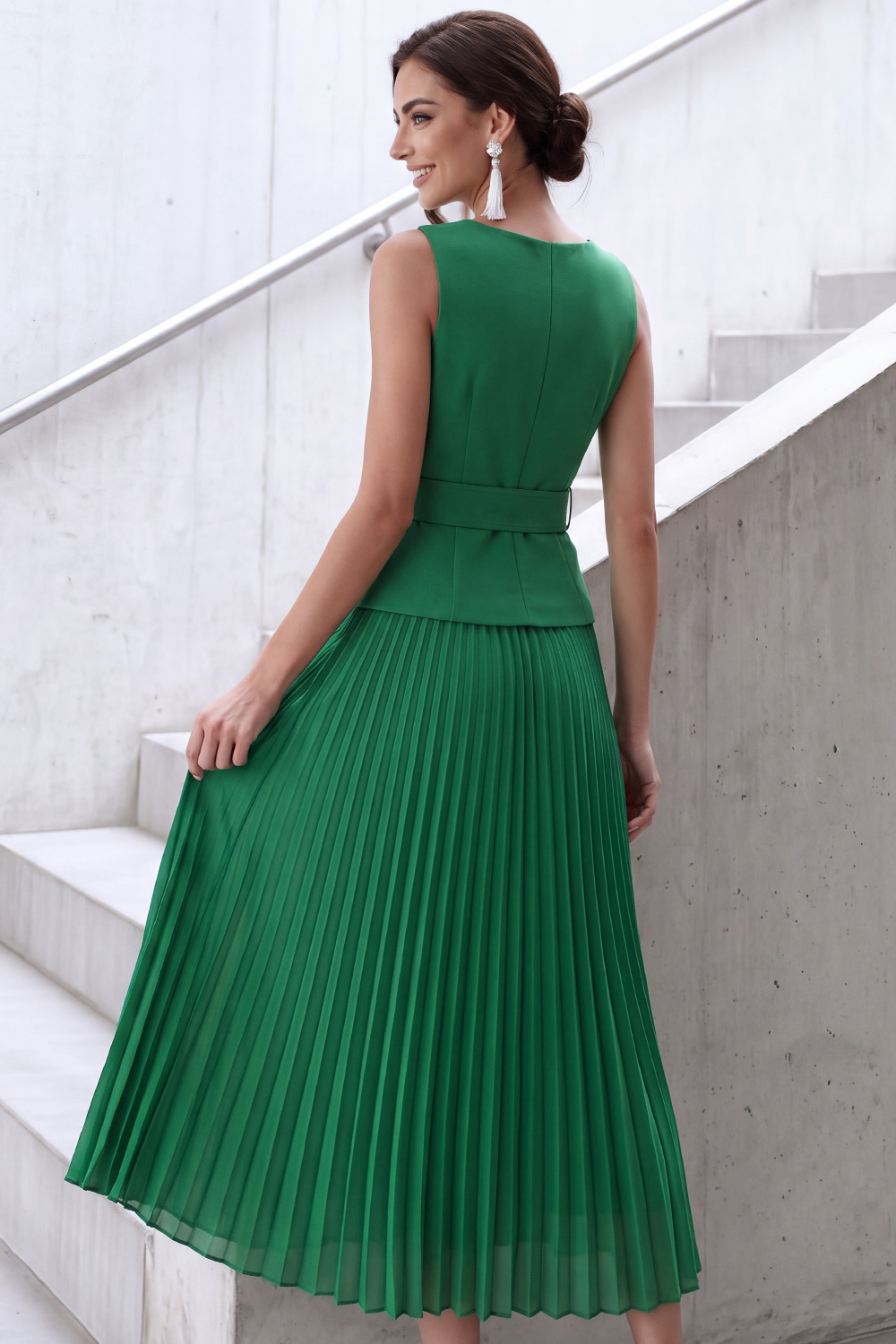 Emerald Green Formal Evening Outfit Sets V-Neck Pleated Skirts Set