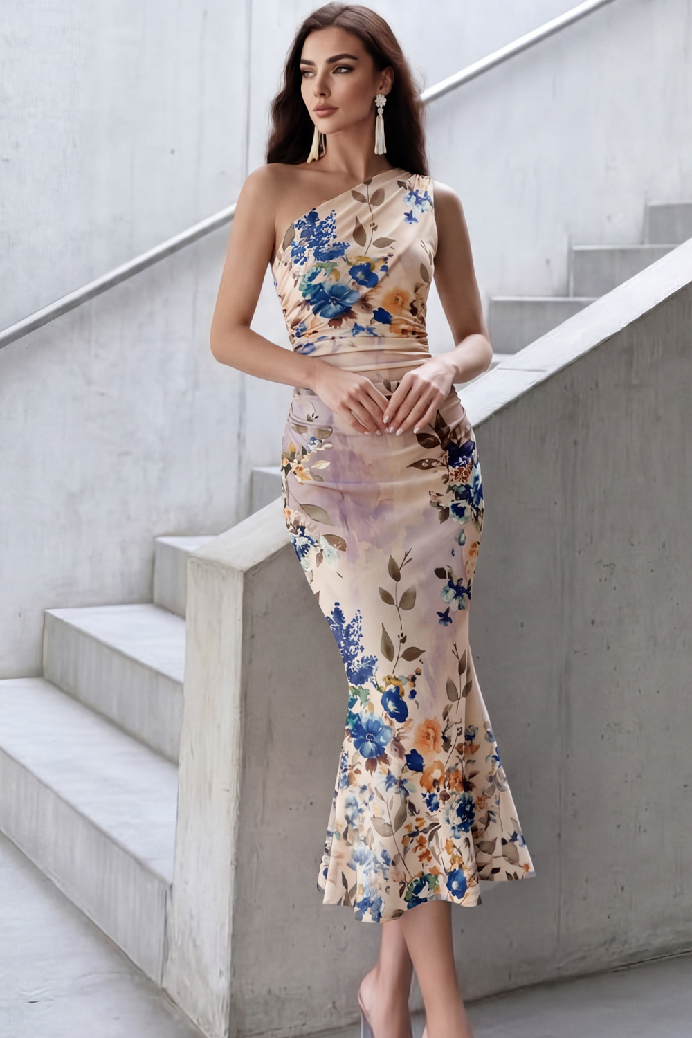 Ivory Formal Dress One Shoulder Mermaid Floral Midi Dress