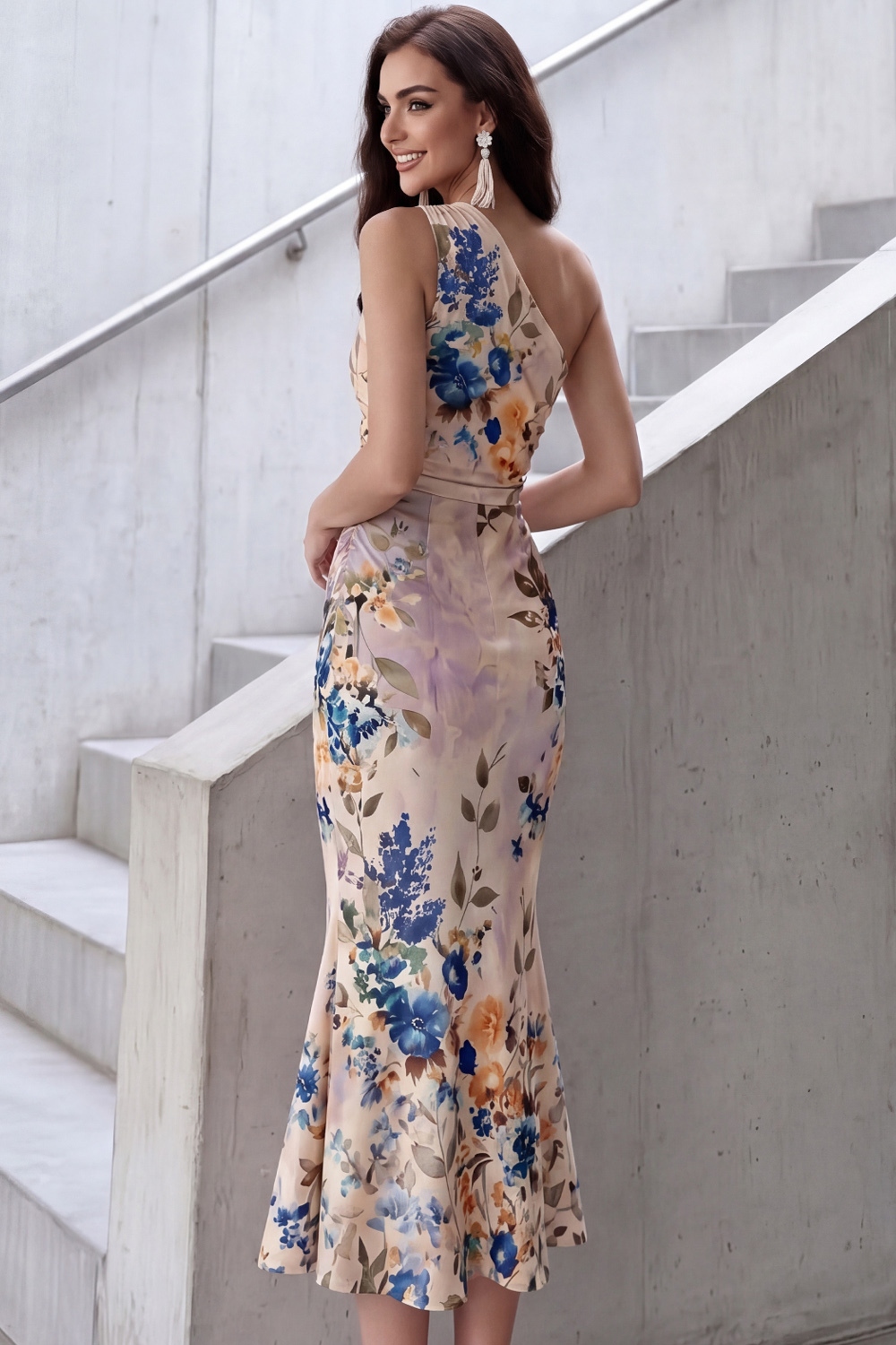 Ivory Formal Dress One Shoulder Mermaid Floral Midi Dress