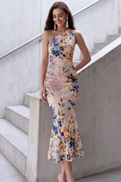 Ivory Formal Dress One Shoulder Mermaid Floral Midi Dress