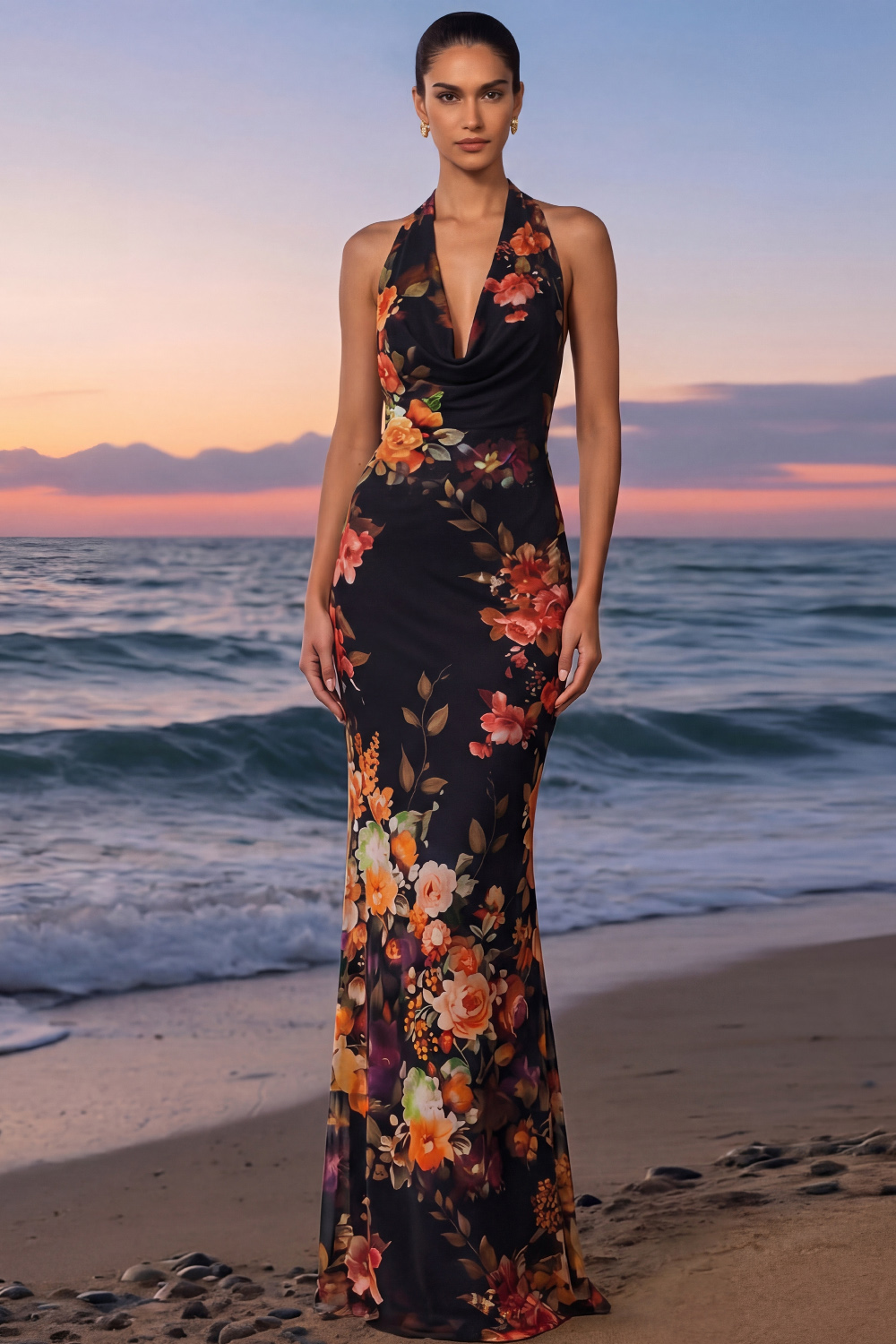 Black Formal Evening Dress Mermaid Halter Backless Floral Maxi Dress