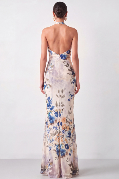 Black Formal Evening Dress Mermaid Halter Backless Floral Maxi Dress