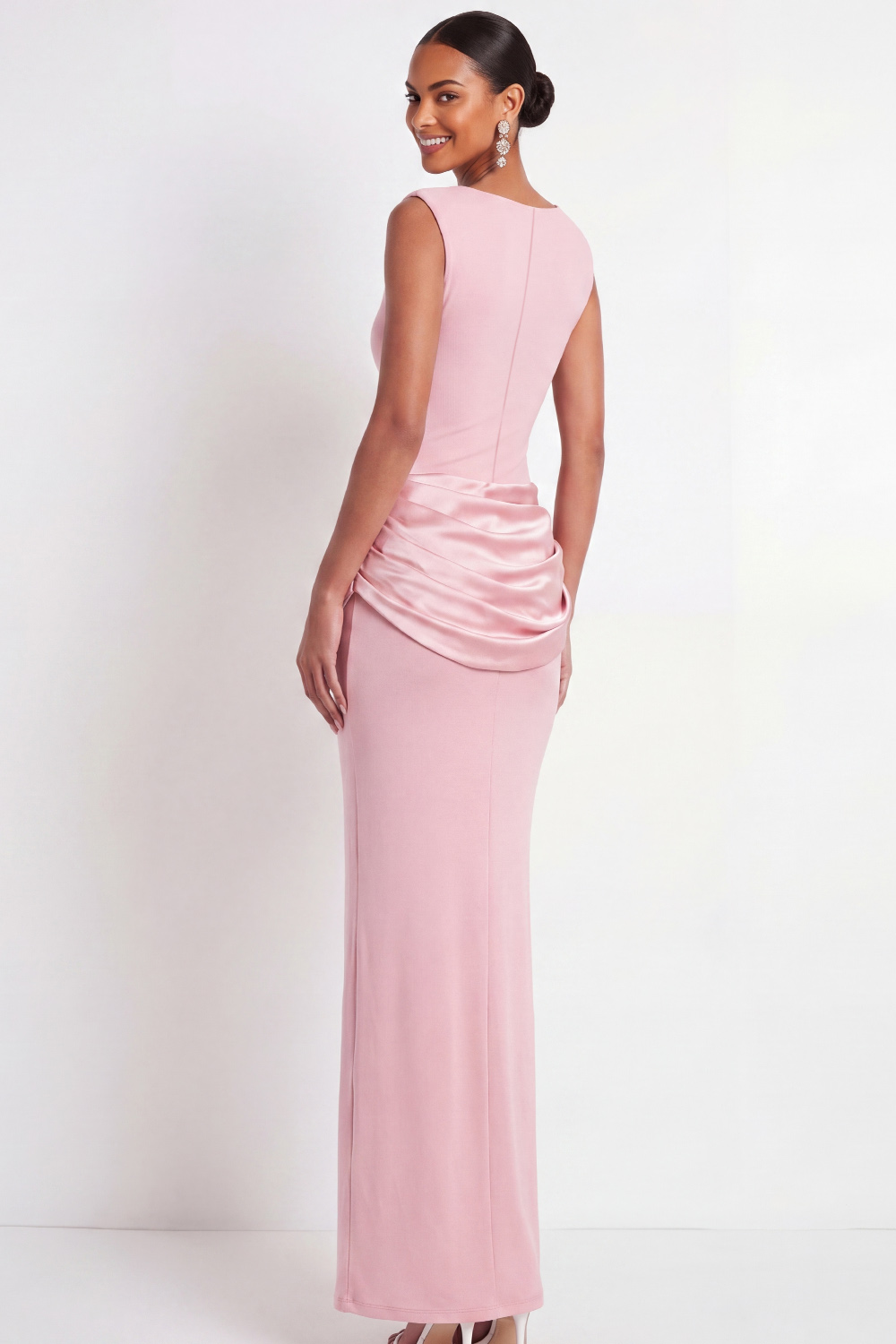 Pink Formal Dress Crew Neck Sleeveless Ruched Maxi Dress 