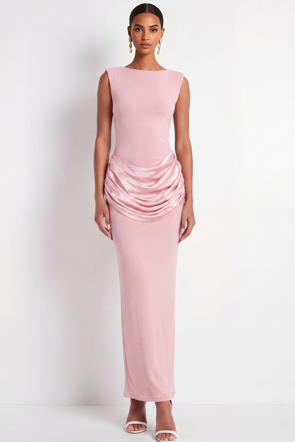 Pink Formal Dress Crew Neck Sleeveless Ruched Maxi Dress 
