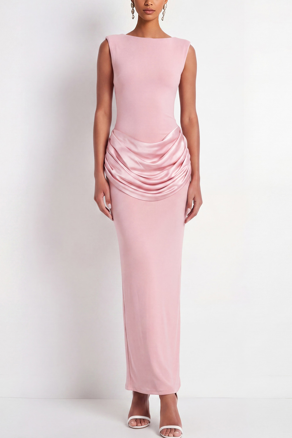 Pink Formal Dress Crew Neck Sleeveless Ruched Maxi Dress 