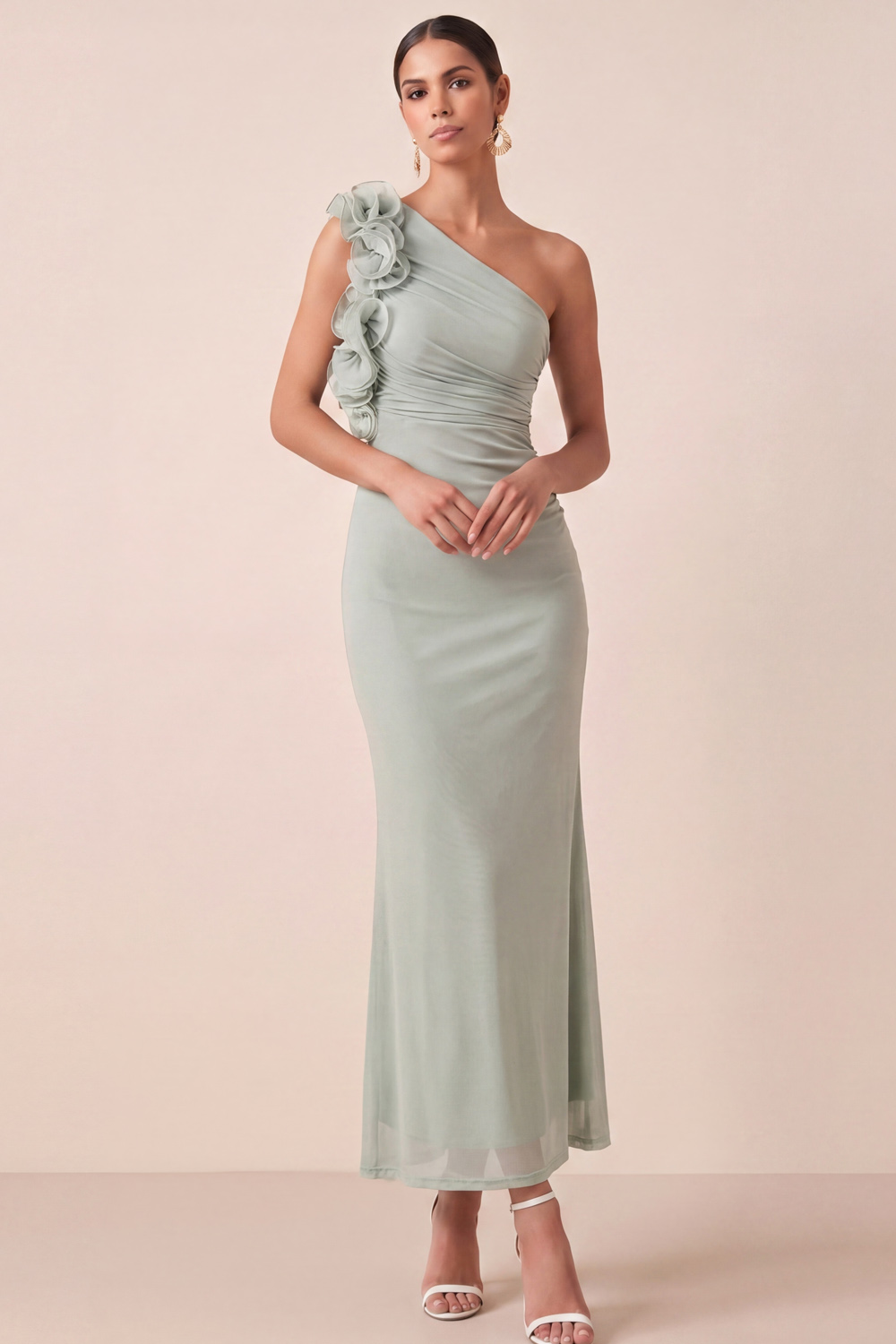Dusty Sage Formal Dress One Shoulder Mermaid Maxi Dress with Ruffle