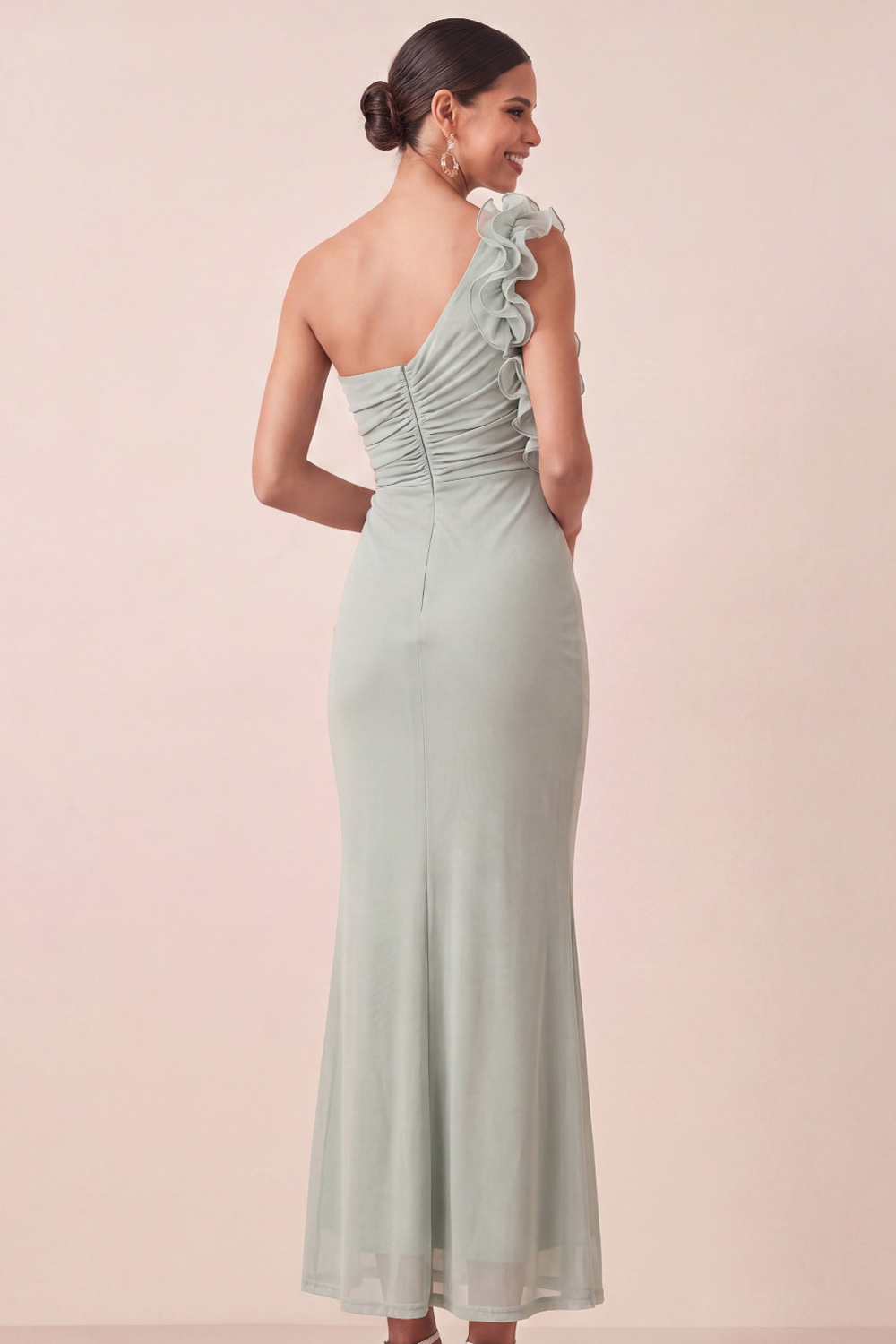 Dusty Sage Formal Dress One Shoulder Mermaid Maxi Dress with Ruffle