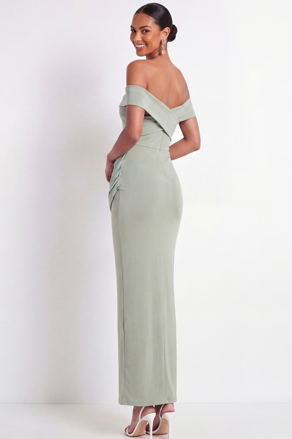 Dusty Sage Sheath Formal Dress Off the Shoulder Ruched Maxi Dress 