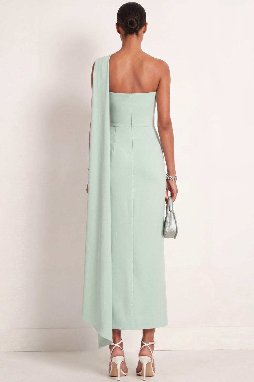 Mint Green Formal Dress One Shoulder Sheath Maxi Dress with Ribbon