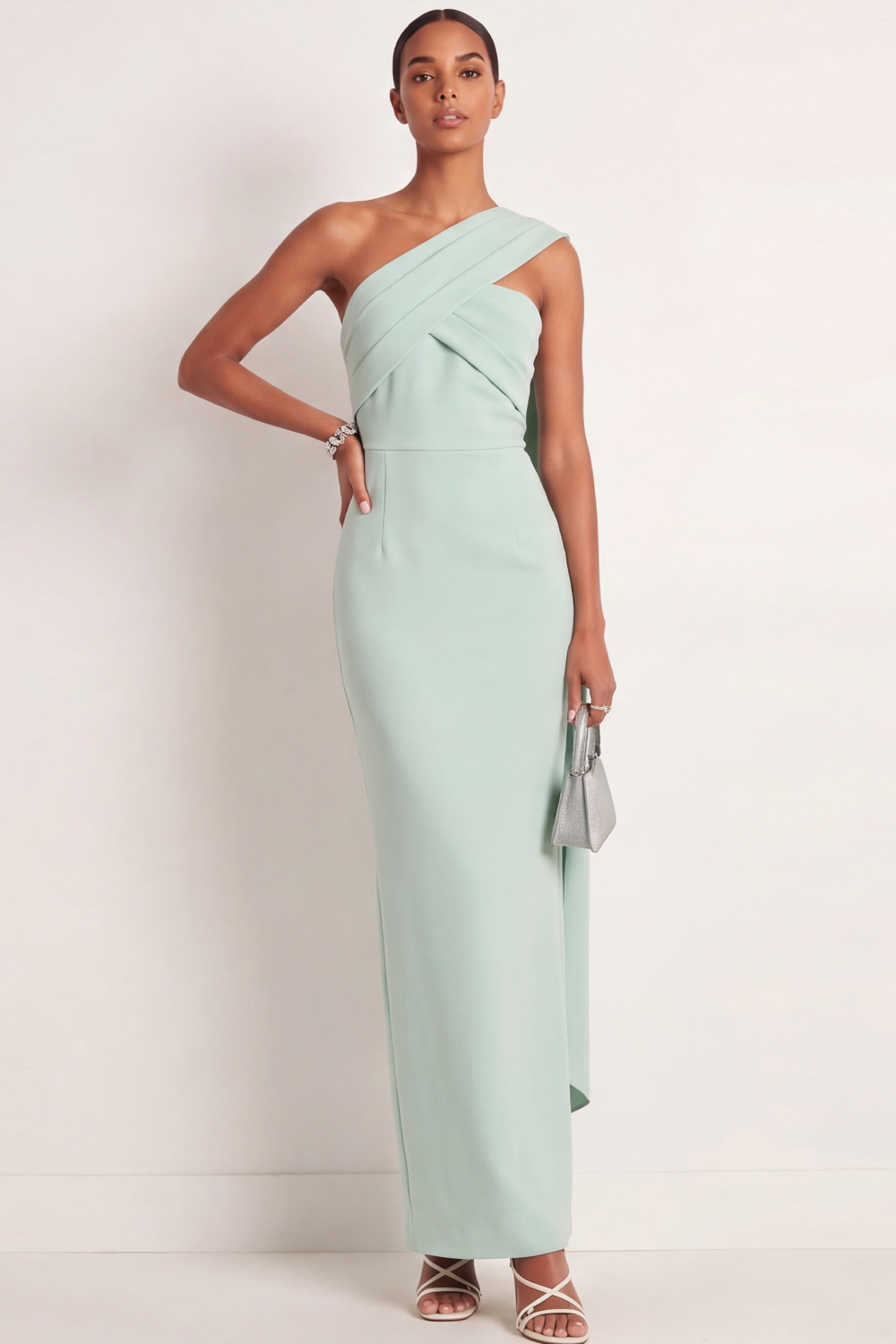 Mint Green Formal Dress One Shoulder Sheath Maxi Dress with Ribbon