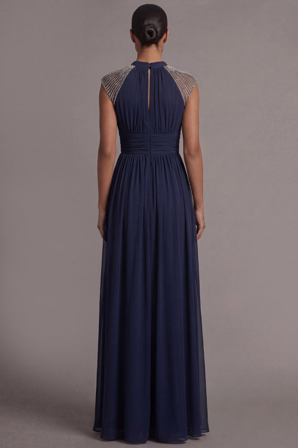 Navy Formal Evening Dress A-Line Keyhole Beaded Maxi Dress 