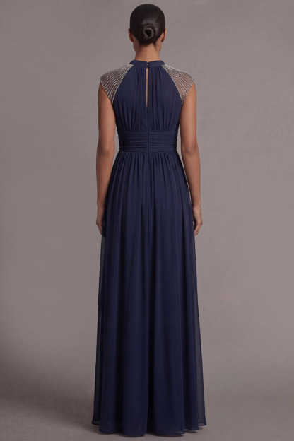 Navy Formal Evening Dress A-Line Keyhole Beaded Maxi Dress 