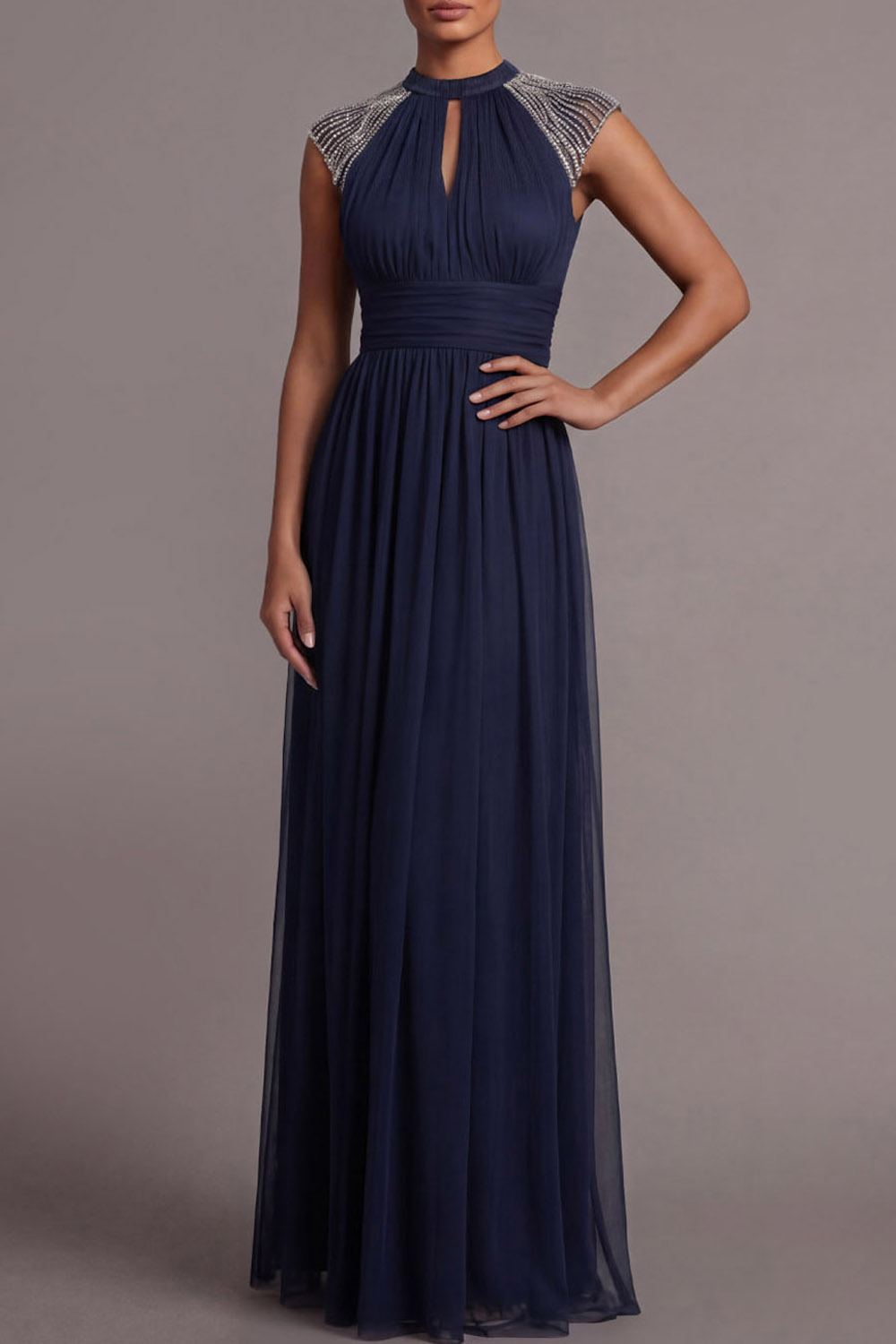 Navy Formal Evening Dress A-Line Keyhole Beaded Maxi Dress 