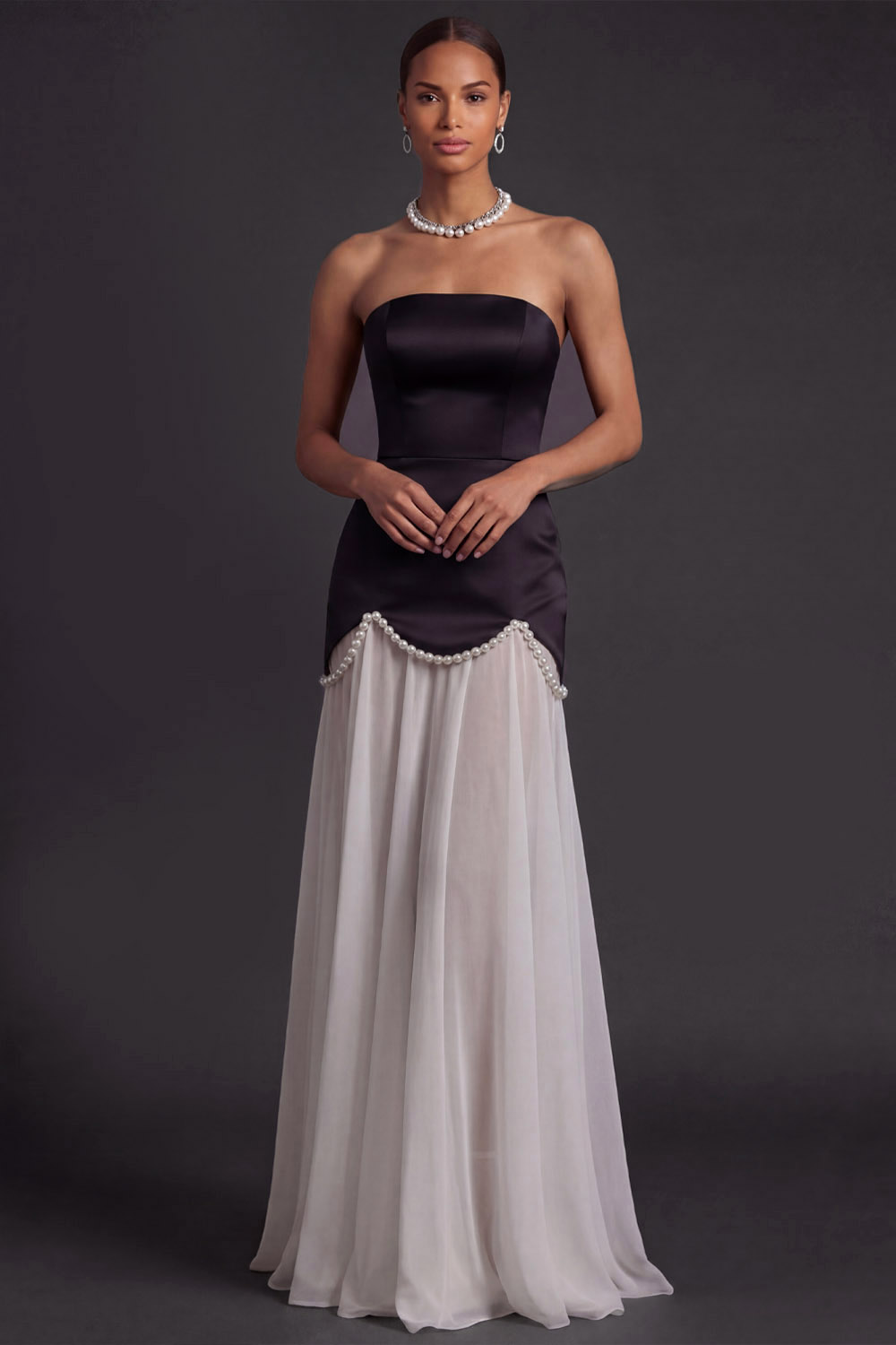White Black Formal Evening Dress A-Line Strapless Maxi Dress with Beading