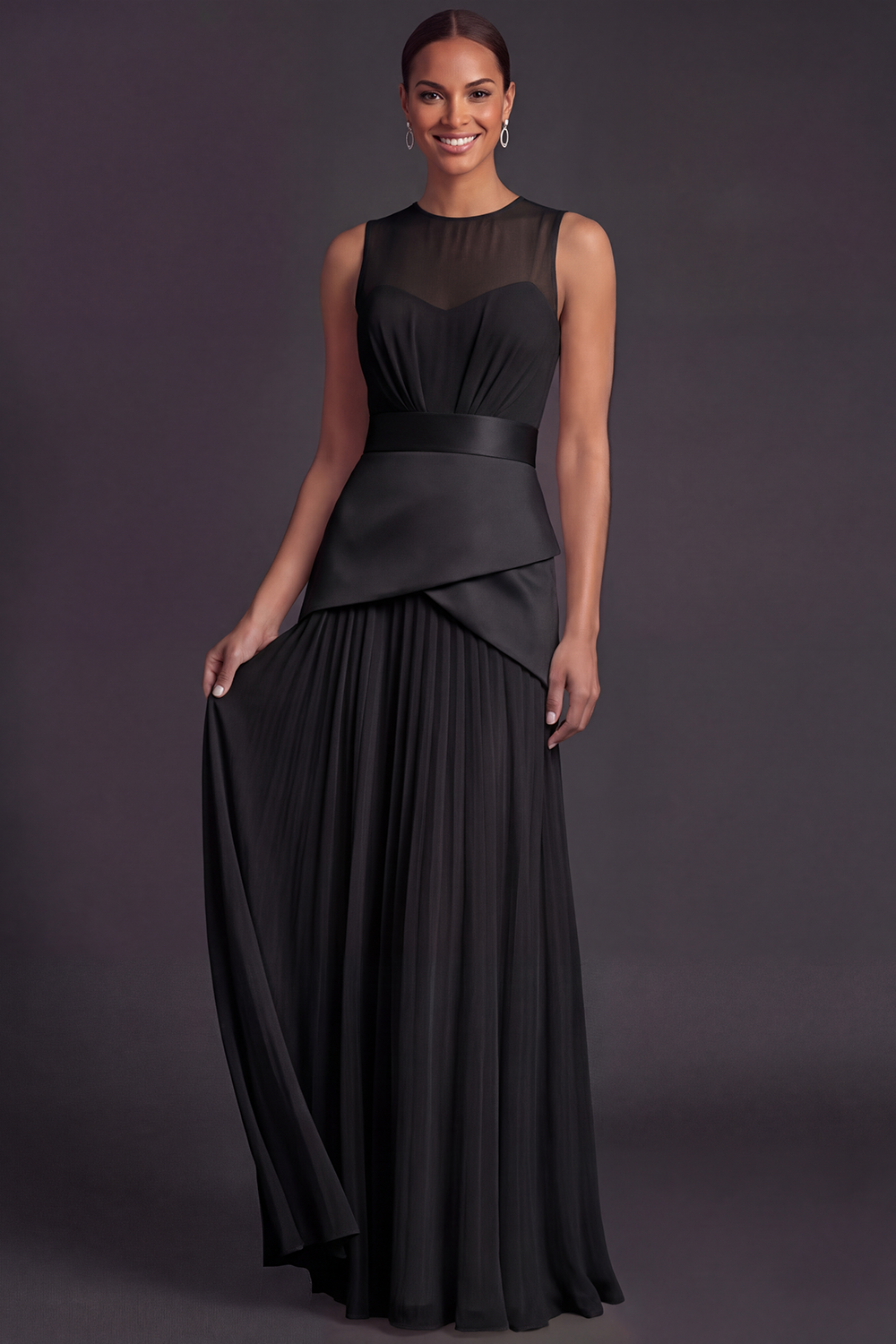 Champagne Evening Formal Dress A-Line Round Neck Pleated Maxi Dress