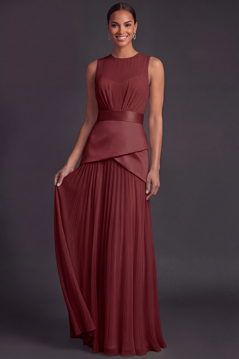 Champagne Evening Formal Dress A-Line Round Neck Pleated Maxi Dress
