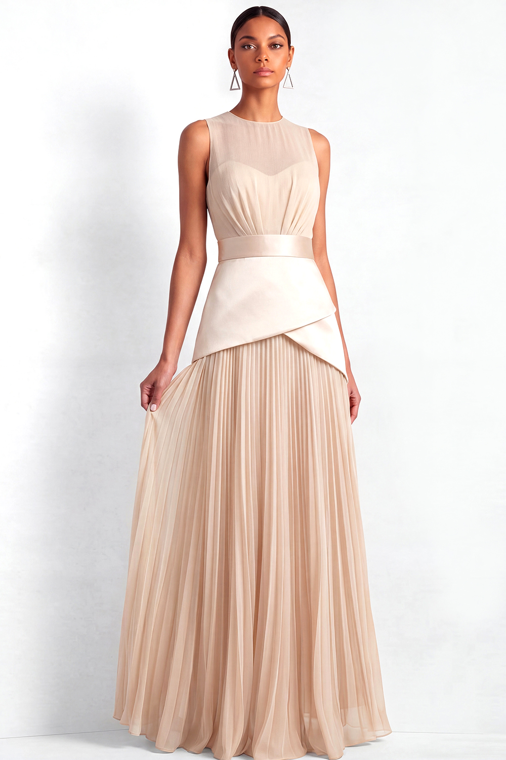 Champagne Evening Formal Dress A-Line Round Neck Pleated Maxi Dress 
