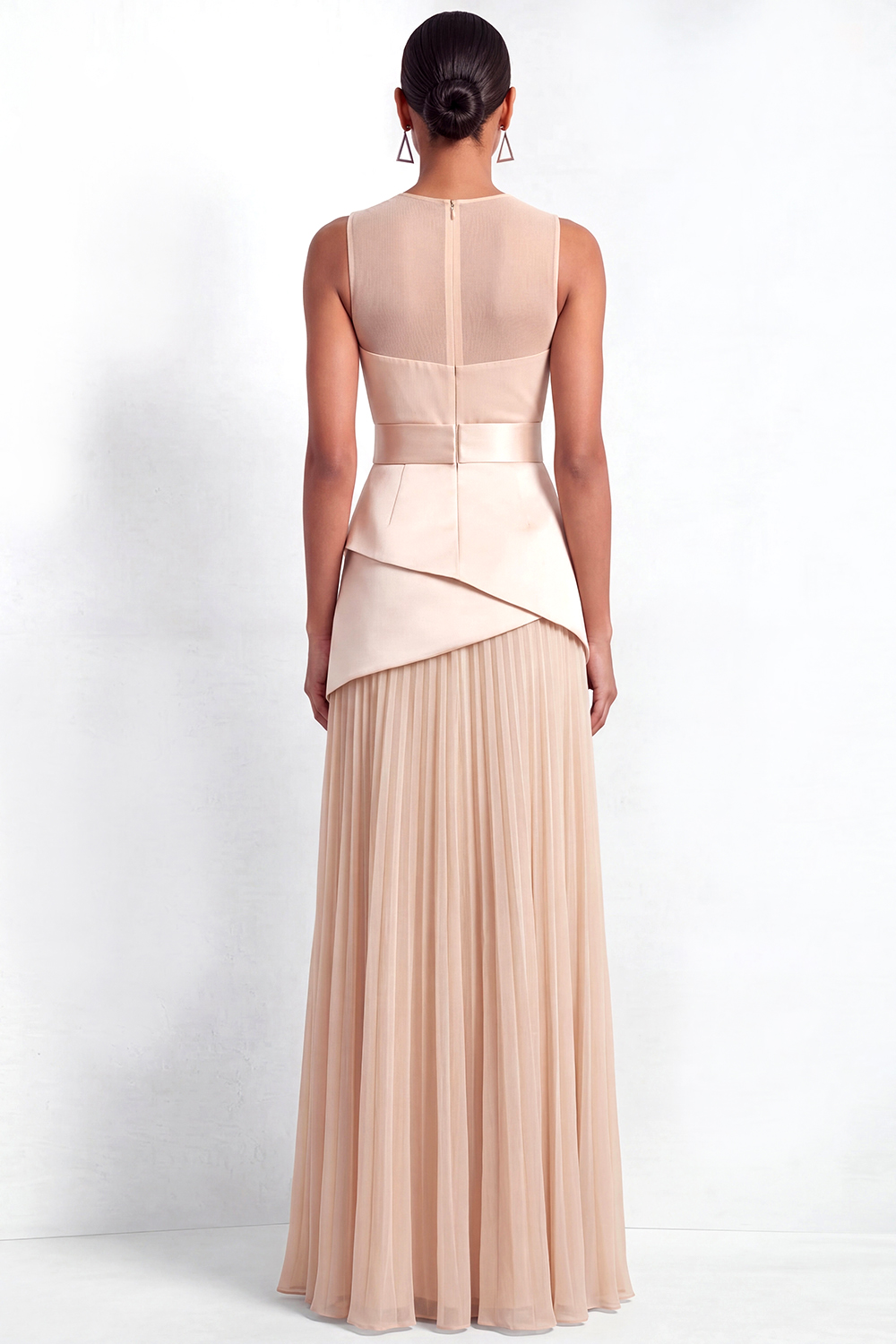 Champagne Evening Formal Dress A-Line Round Neck Pleated Maxi Dress 