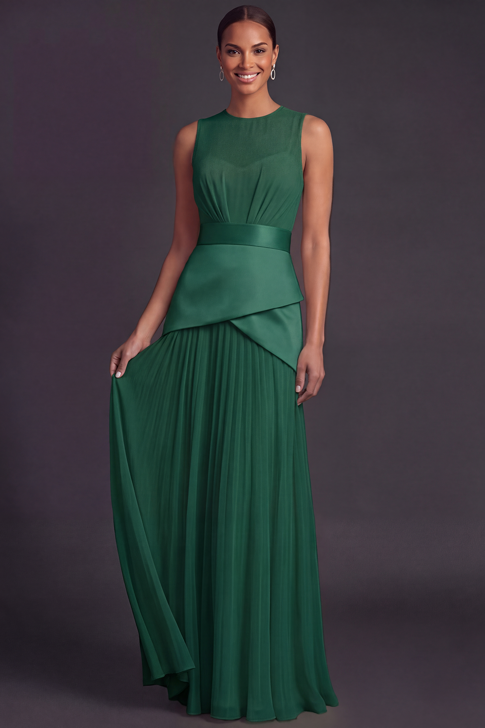 Champagne Evening Formal Dress A-Line Round Neck Pleated Maxi Dress