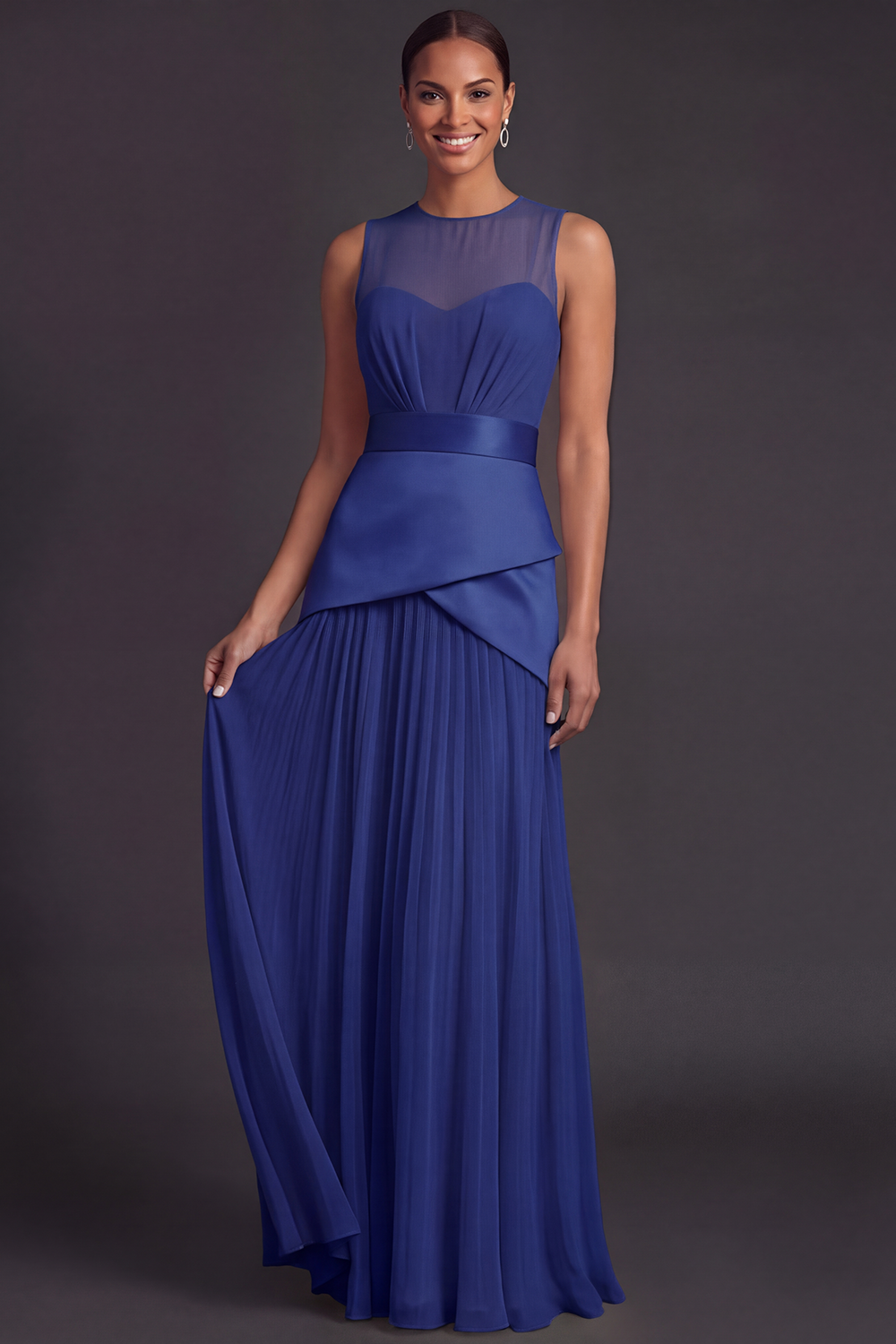 Champagne Evening Formal Dress A-Line Round Neck Pleated Maxi Dress