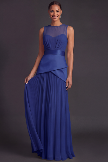 Champagne Evening Formal Dress A-Line Round Neck Pleated Maxi Dress 