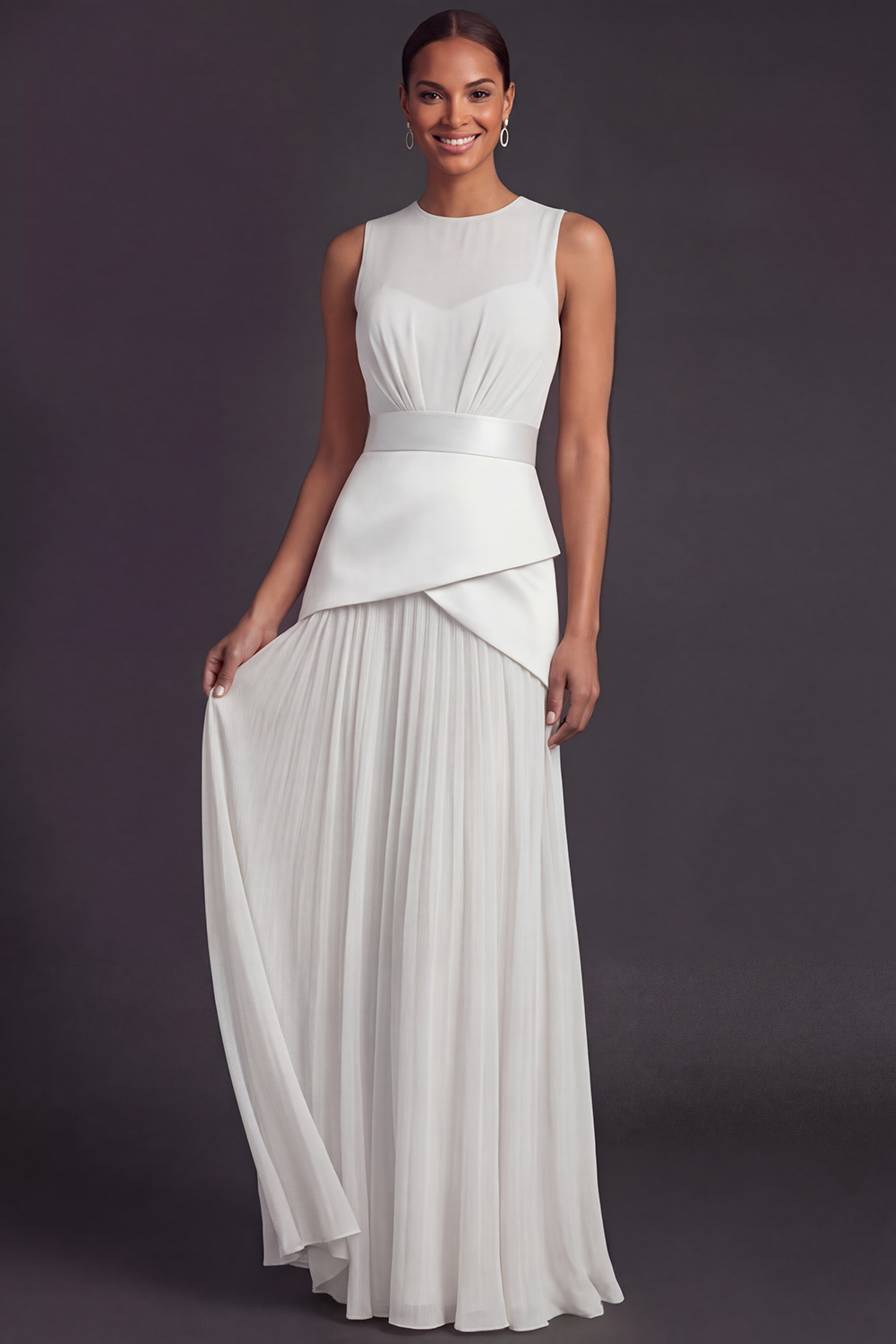 Champagne Evening Formal Dress A-Line Round Neck Pleated Maxi Dress