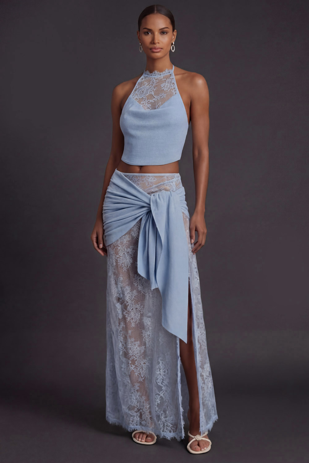 Sky Blue Formal Evening Outfit Sets Halter Slit Skirts Set