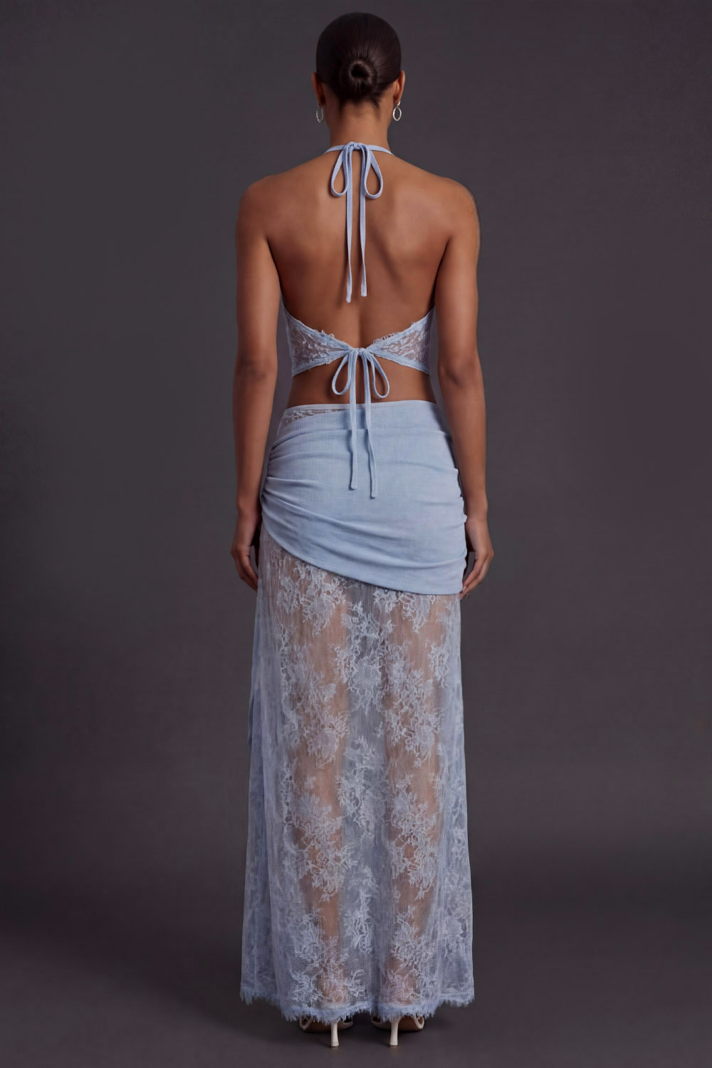 Sky Blue Formal Evening Outfit Sets Halter Slit Skirts Set