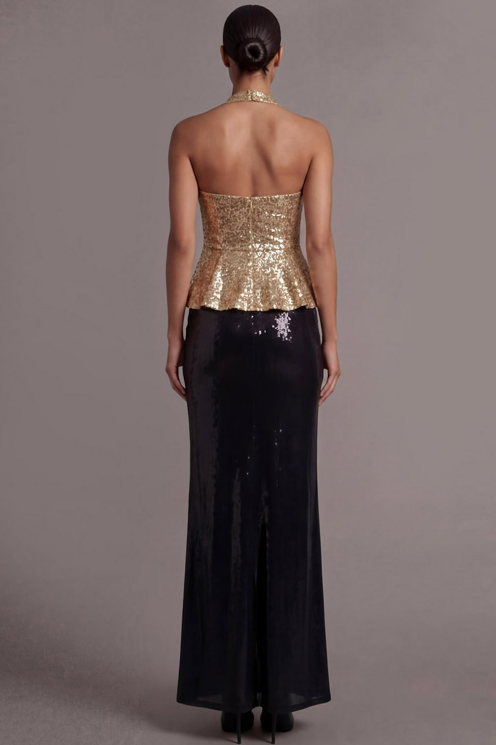 Sparkly Golden Formal Party Dress Sheath Halter Sequin Maxi Dress 
