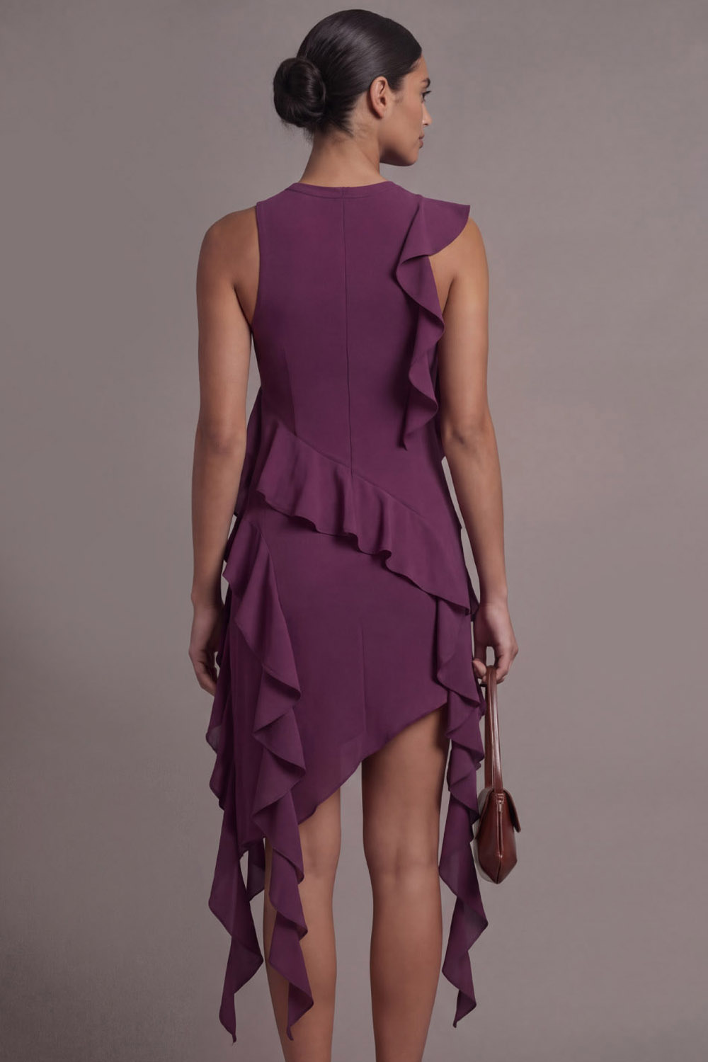 Purplish Red Evening Party Dress Round Neck Mini Dress with Ruffle