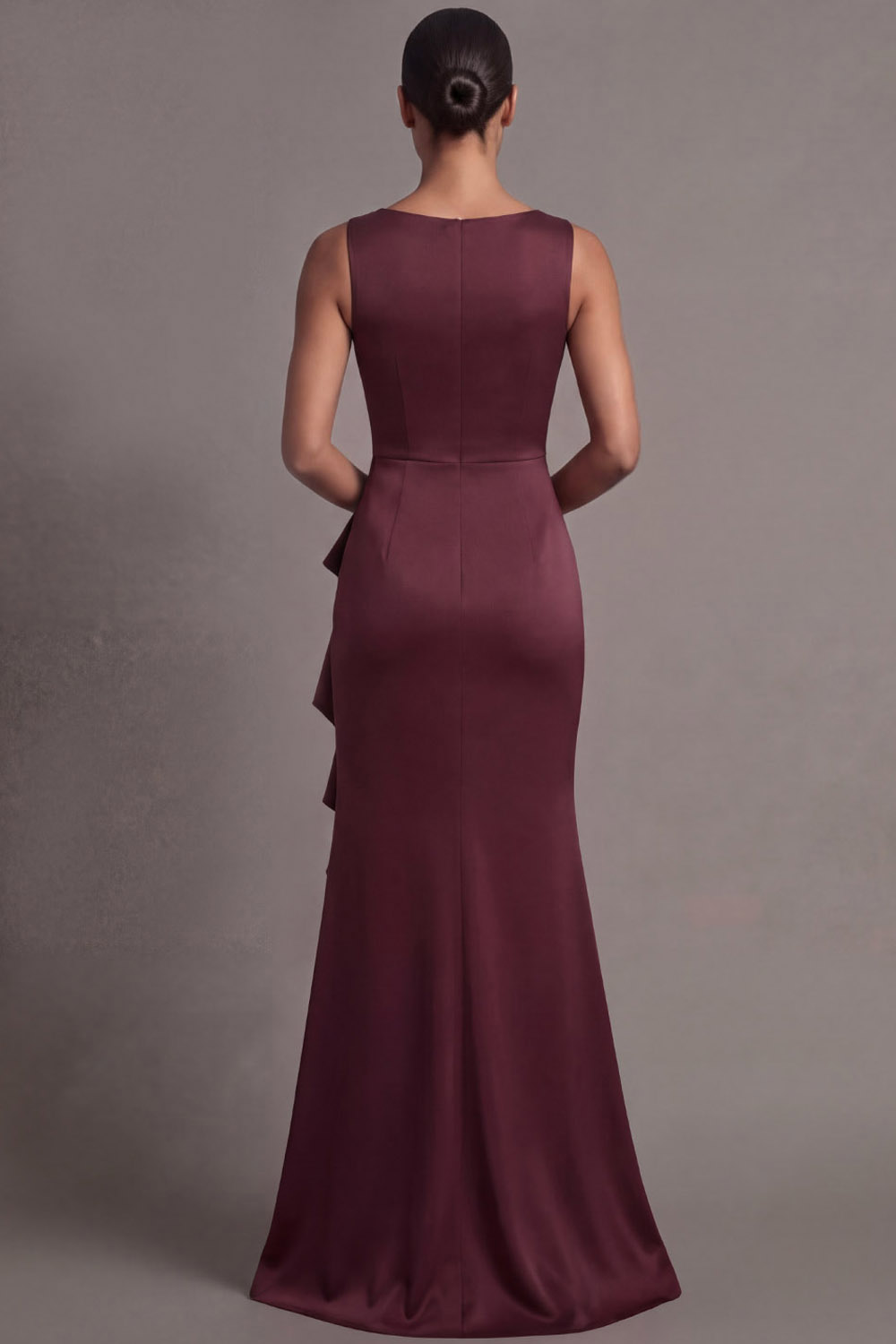 Burgundy Formal Dress Mermaid Crew Neck Ruffled Maxi Dress with Slit