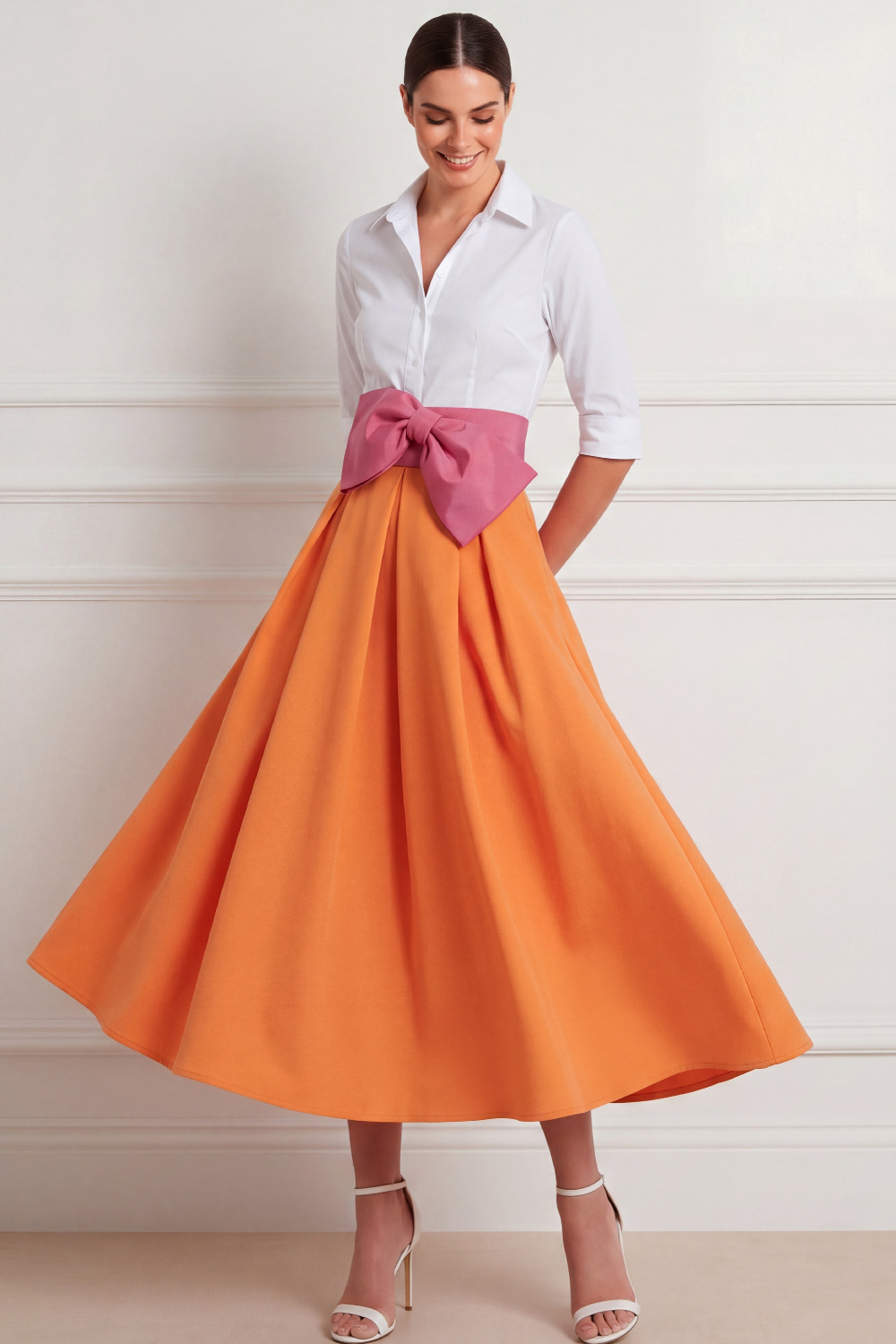 Orange Formal Dress A-Line Point Collar Midi Dress with Bow