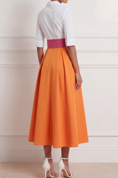 Orange Formal Dress A-Line Point Collar Midi Dress with Bow