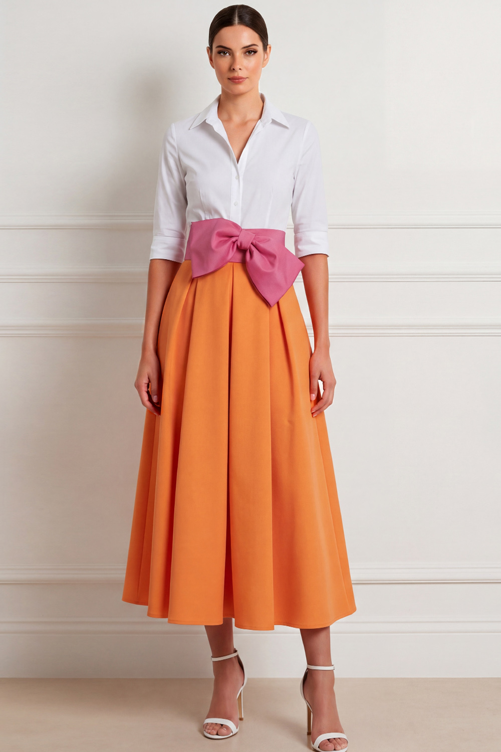 Orange Formal Dress A-Line Point Collar Midi Dress with Bow