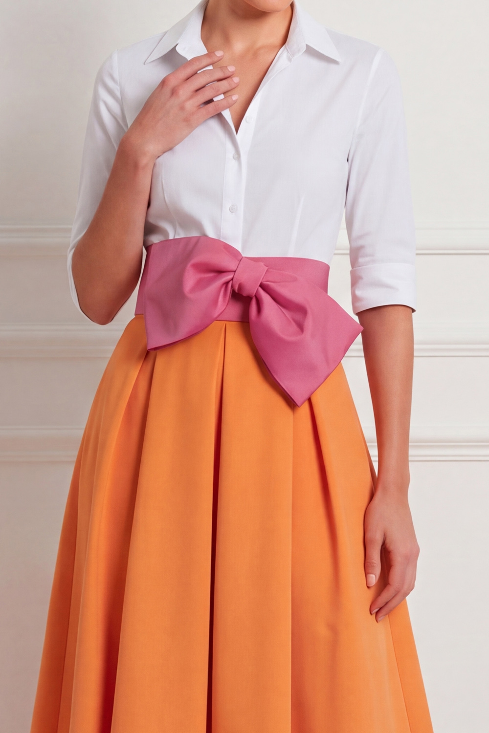 Orange Formal Dress A-Line Point Collar Midi Dress with Bow