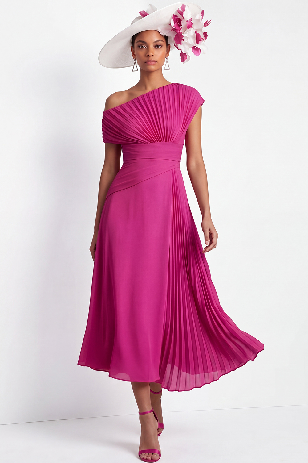 Fuchsia Formal Dress Asymmetrical Neck A-Line Pleated Midi Dress 