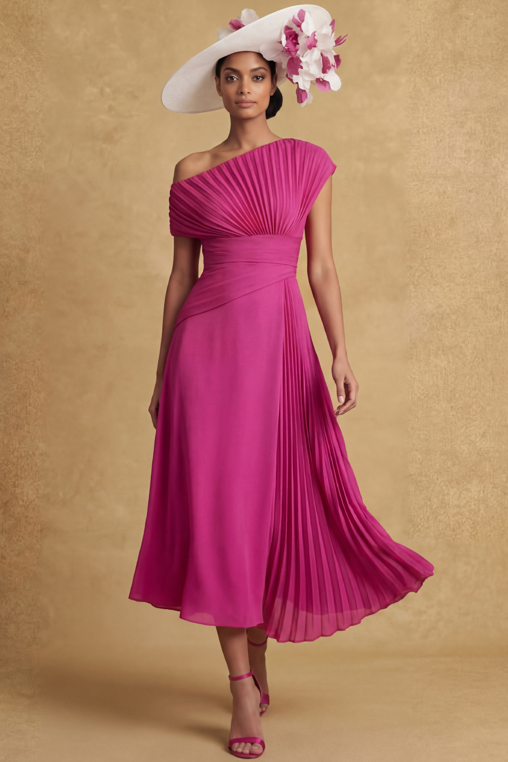Fuchsia Formal Dress Asymmetrical Neck A-Line Pleated Midi Dress 