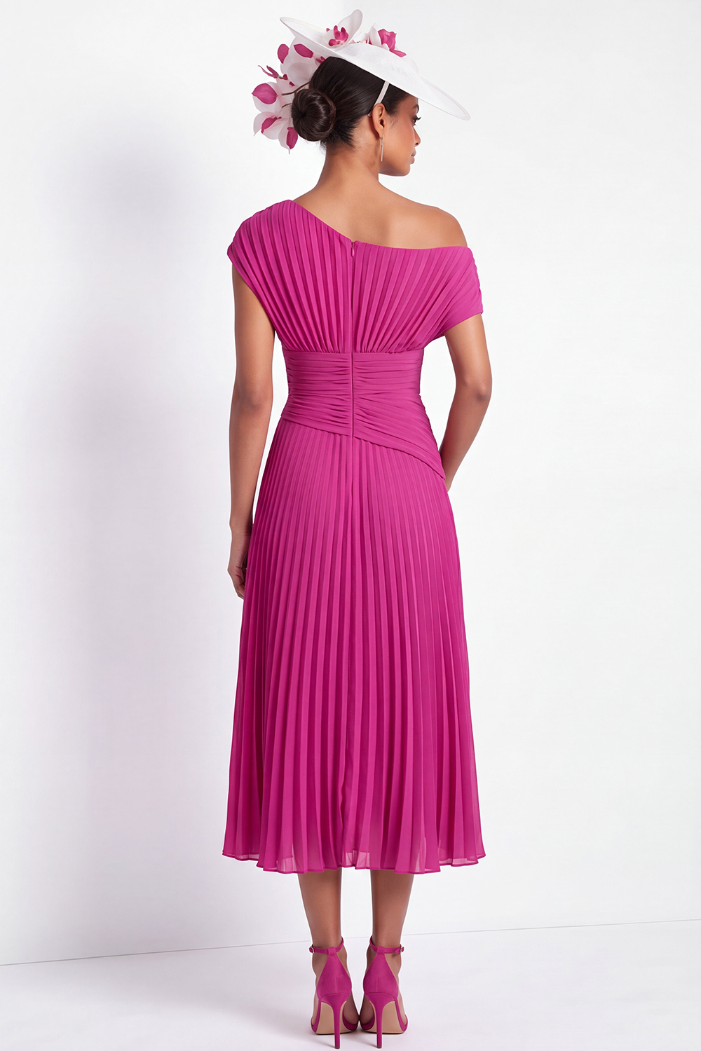 Fuchsia Formal Dress Asymmetrical Neck A-Line Pleated Midi Dress 