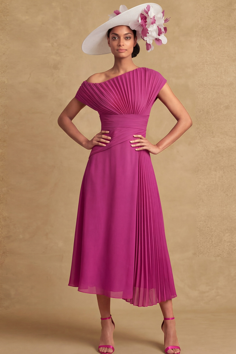 Fuchsia Formal Dress Asymmetrical Neck A-Line Pleated Midi Dress 