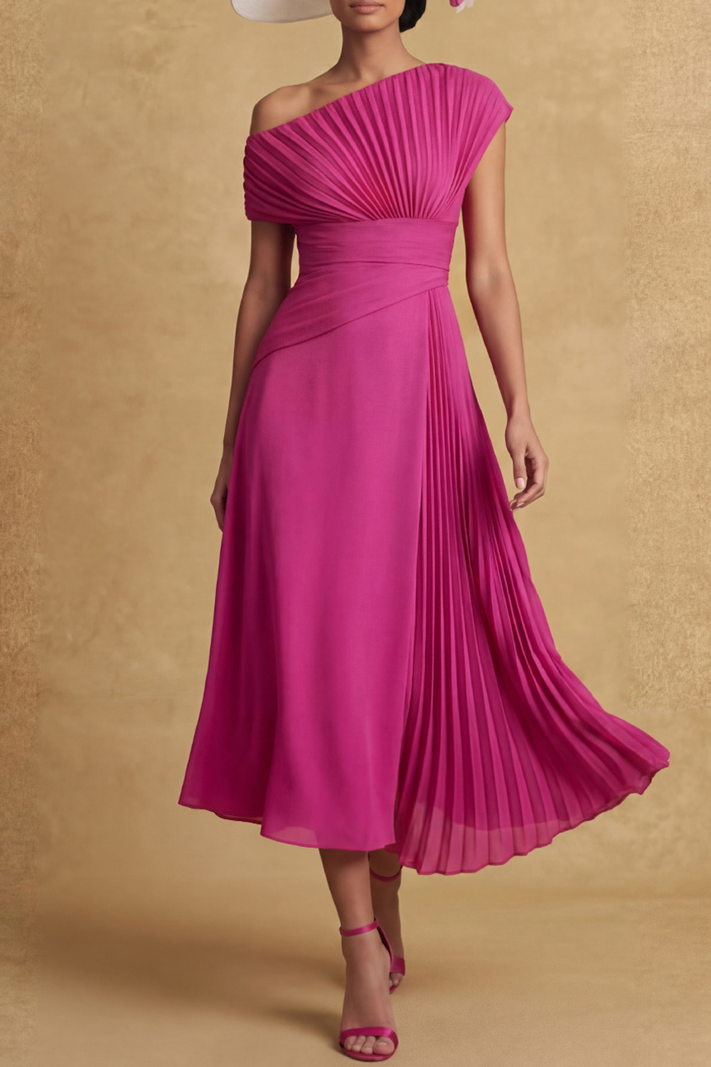 Fuchsia Formal Dress Asymmetrical Neck A-Line Pleated Midi Dress 