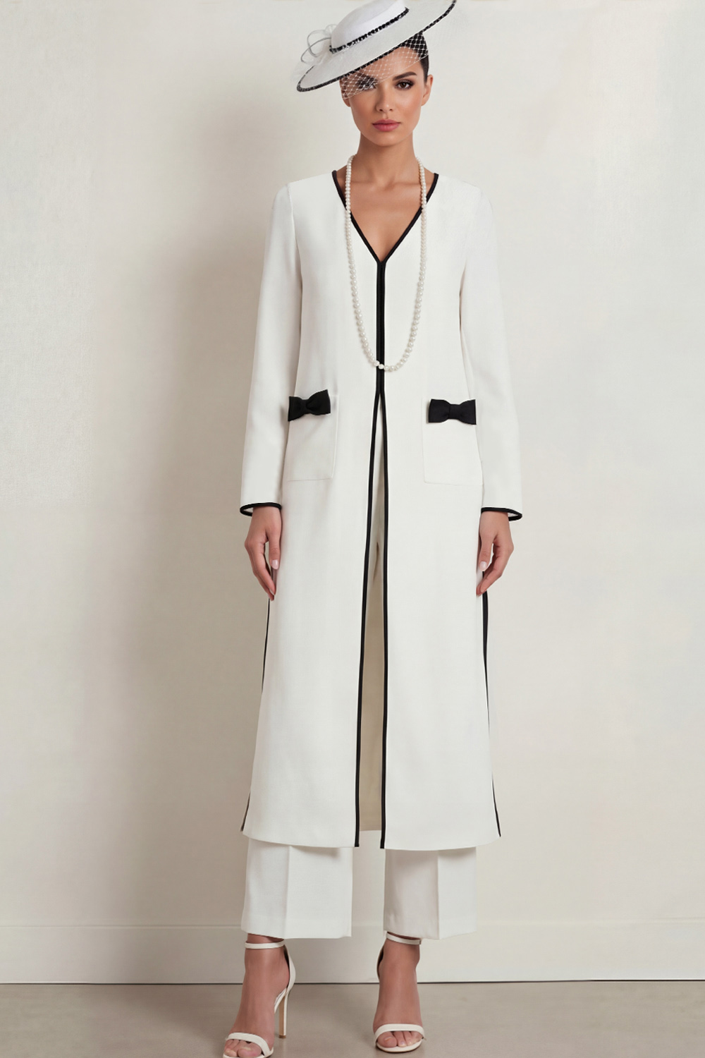 White Casual Suit Set V-Neck Long Sleeves Two-Piece Pants Set