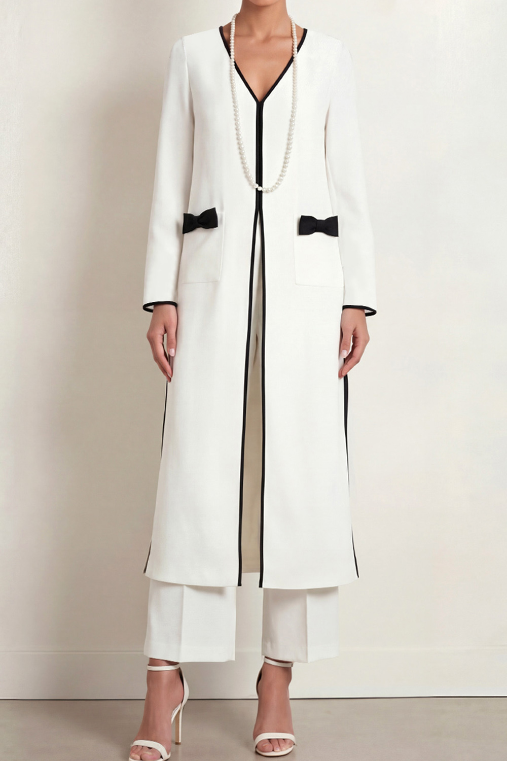White Casual Suit Set V-Neck Long Sleeves Two-Piece Pants Set