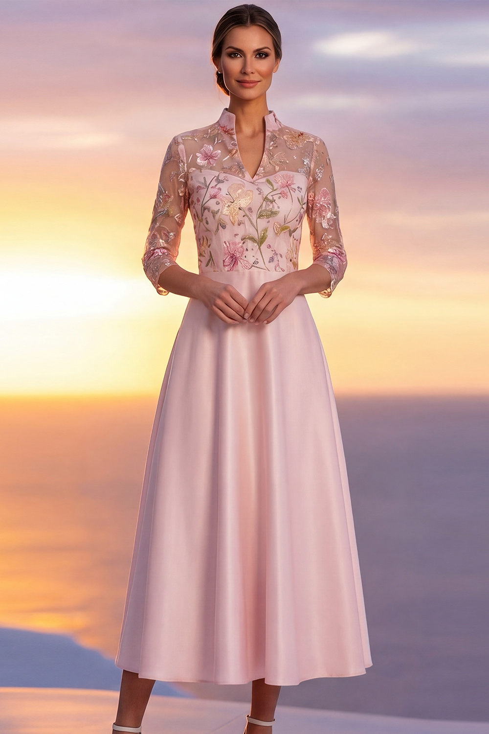 Pink A-Line Formal Dress 3/4 Sleeves Floral Midi Dress with Sequin