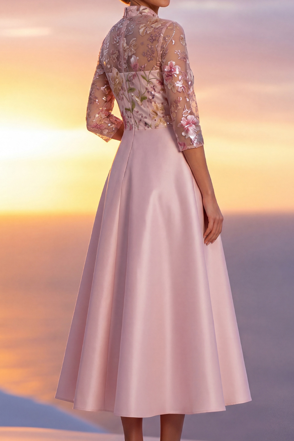 Pink A-Line Formal Dress 3/4 Sleeves Floral Midi Dress with Sequin