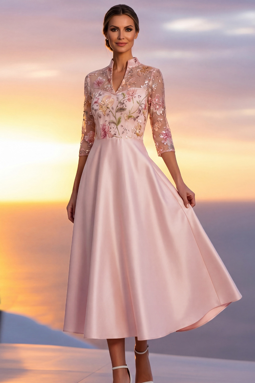 Pink A-Line Formal Dress 3/4 Sleeves Floral Midi Dress with Sequin