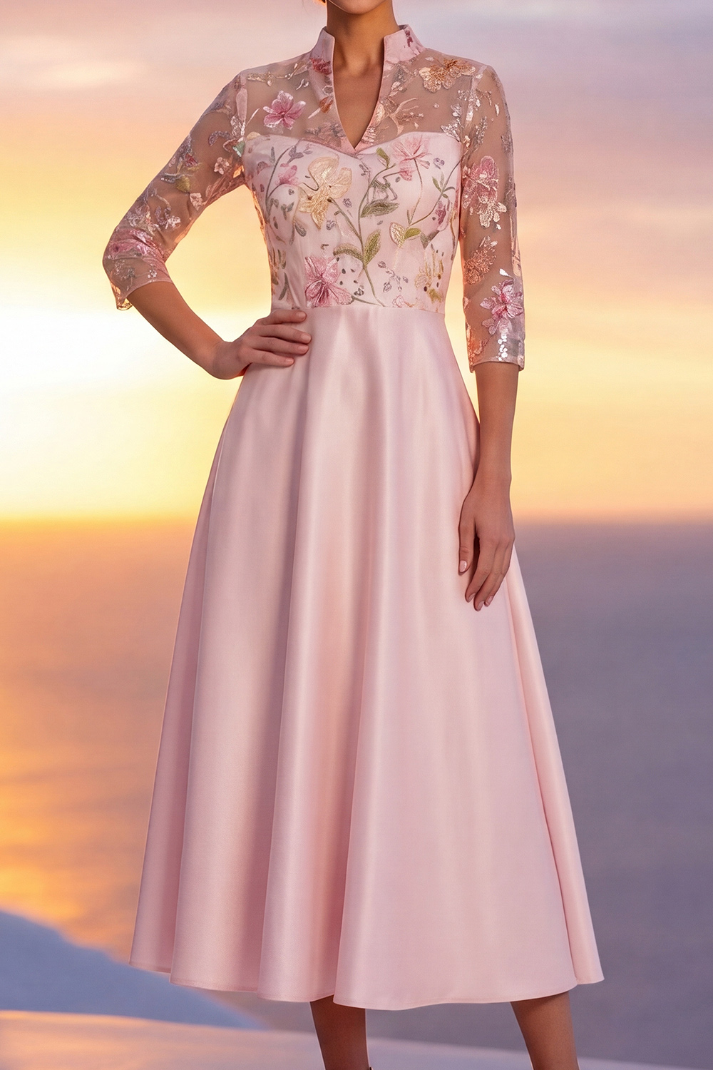 Pink A-Line Formal Dress 3/4 Sleeves Floral Midi Dress with Sequin